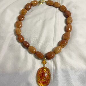 Chunky Carnelian Stone Beaded Necklace with Faux Amber Charm